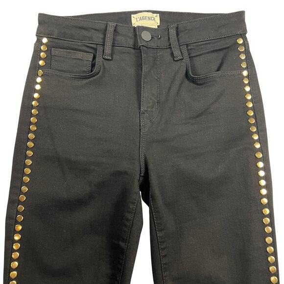 L'Agence Margot Skinny High Rise Gold Studded Stretch Jeans Noir Black Size 26 - Picture 2 of 12